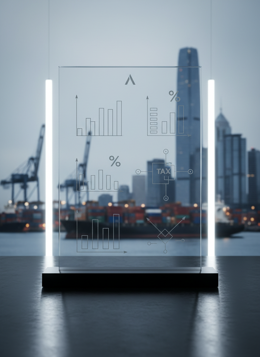 A minimalist, photographic scene of a large transparent acrylic panel standing upright on a matte black surface, etched with clean, abstract bar charts, tax flow diagrams, and percentage symbols. At the top center, a subtle lambda (Λ) motif is incorporated into the design lines without text. Behind the panel, a softly blurred city skyline with ports, container ships, and office towers suggests global commerce. Cool, diffused studio lighting from both sides creates luminous edges on the acrylic and delicate reflections on the surface below. Captured straight-on at eye level, with balanced composition and generous negative space, the atmosphere is calm, strategic, and distinctly corporate.