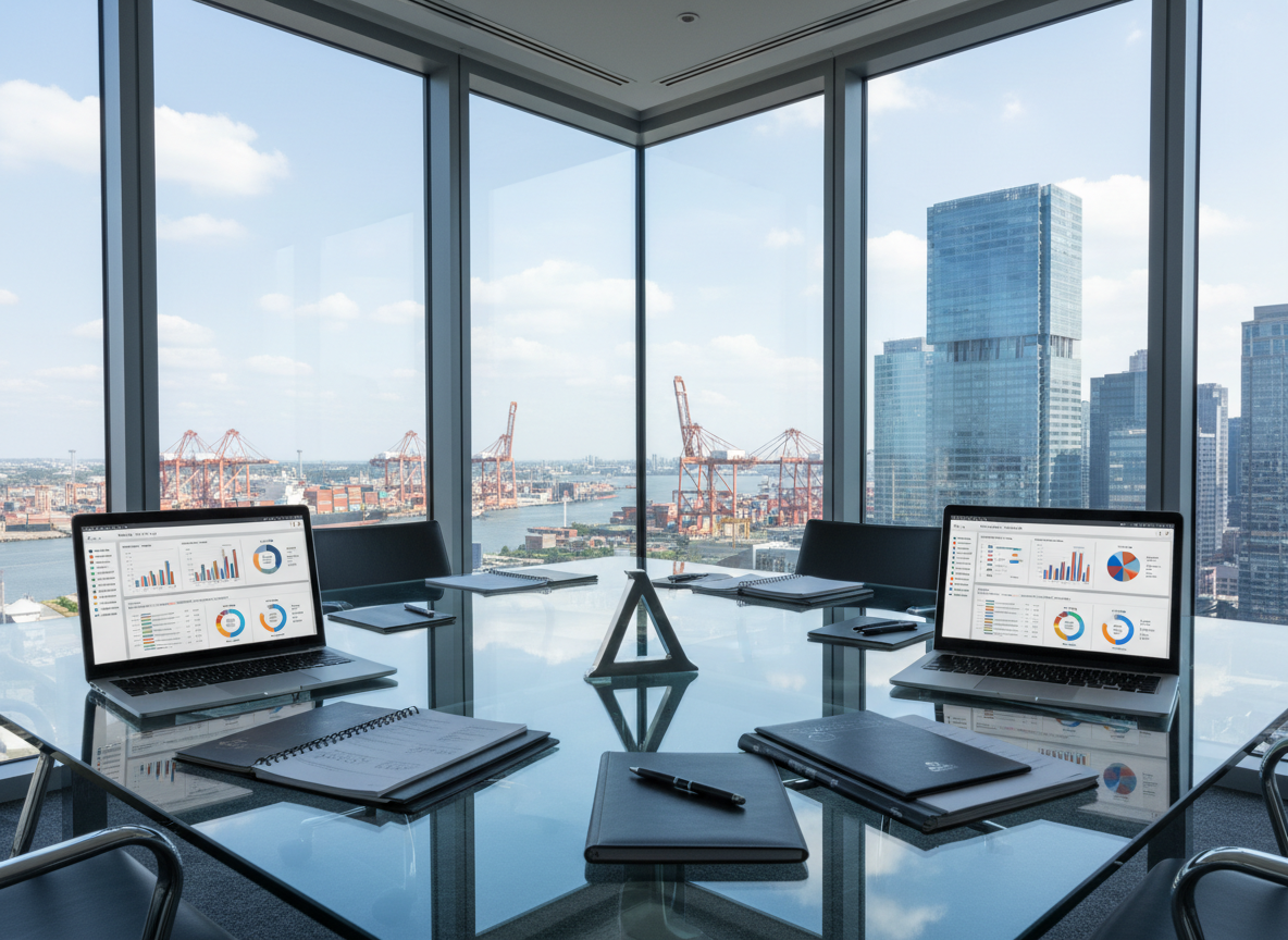 A sleek glass-and-steel conference table covered with neatly arranged financial documents, open laptops showing complex tax dashboards, and a central metallic emblem shaped as a stylized Greek lambda (Λ). The setting is a high-rise corner office overlooking an international skyline with cargo ships, cranes, and corporate towers symbolizing global commerce. Cool daylight pours through floor-to-ceiling windows, creating crisp reflections on the polished surfaces and subtle shadows between objects. Photographic realism, eye-level composition with a slight wide-angle lens, sharp focus throughout. The mood is professional and analytical, conveying intelligent tax strategy for businesses in a clean, modern corporate environment.