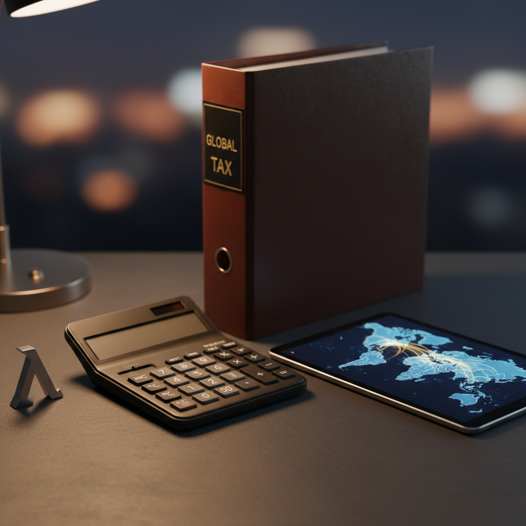 A close-up, photographic view of a dark graphite desk with a premium calculator, embossed leather tax code binder, and a tablet displaying a world map overlaid with glowing, abstract trade routes. Beside them sits a small brushed-steel lambda (Λ) sculpture subtly integrated into the scene. Soft, focused desk-lamp lighting from the left creates gentle highlights on metal edges and a warm reflection on the tablet glass, while the background fades into a smooth, dark bokeh. Shot from a slightly elevated angle with shallow depth of field, the mood is precise, concentrated, and decisively professional, emphasizing high-end corporate tax intelligence and international planning.