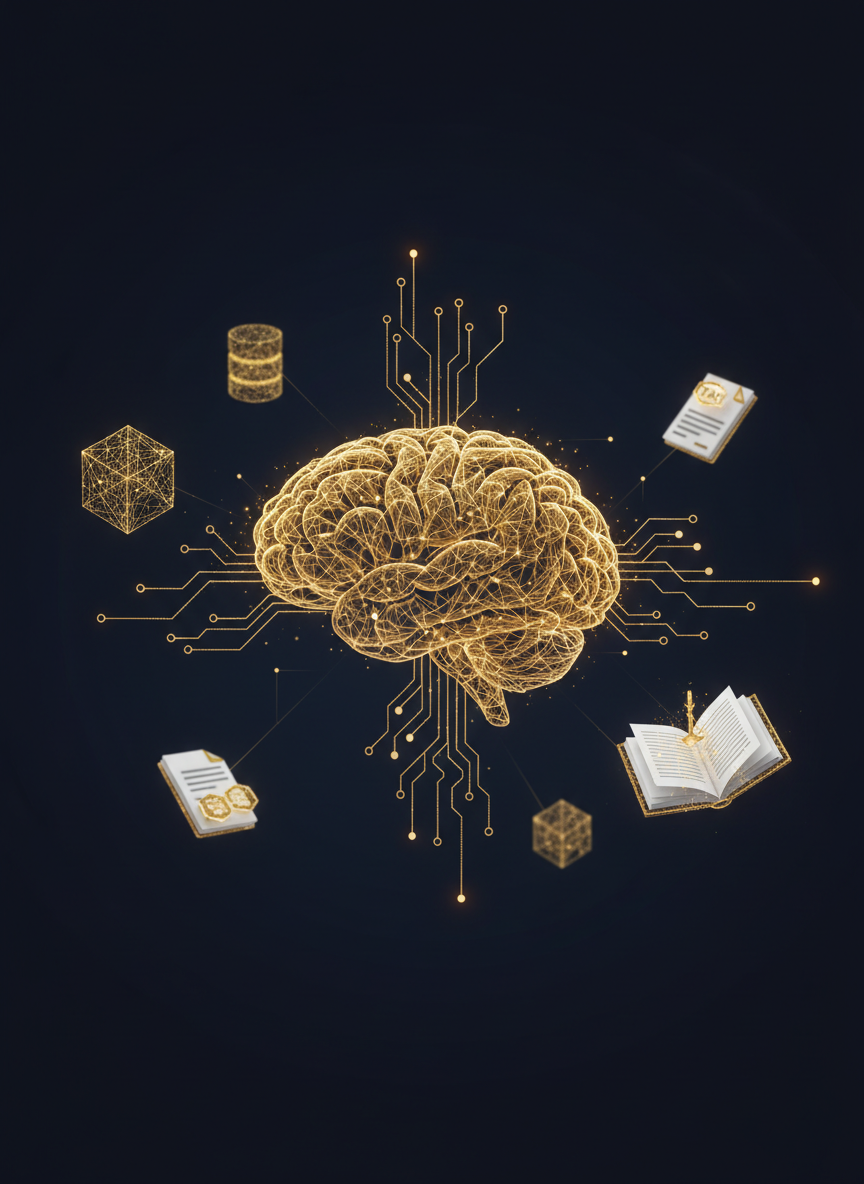 Cerebro humano conectado a base de datos de jurisprudencia tributaria — Aristotlex IA
