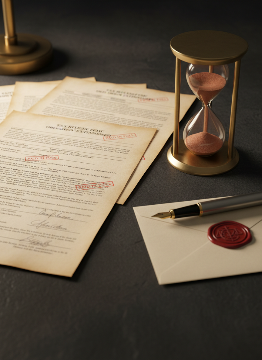 Legal documents, an hourglass, and a pen on a dark surface representing the legal prescription and extinguishment of tax debts.
