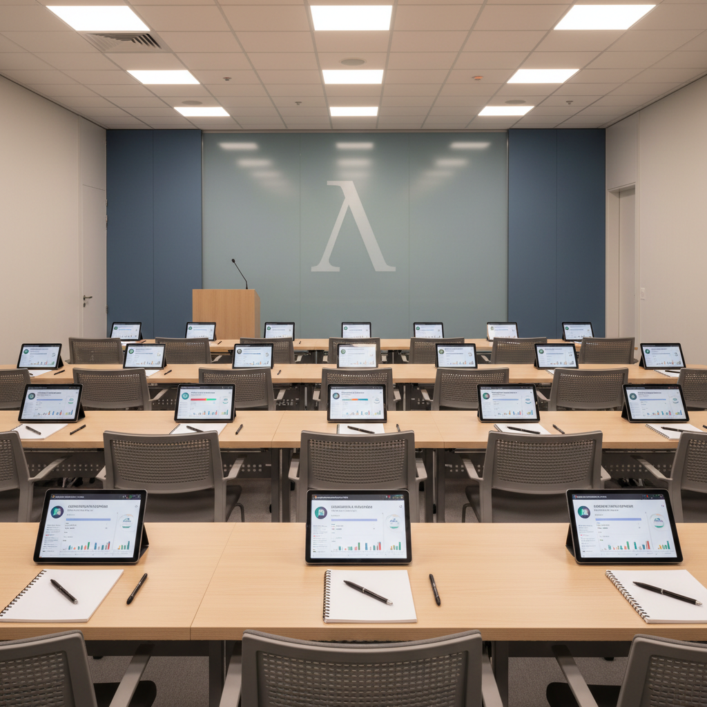 A modern seminar room with notebooks and tablets representing corporate tax training, education, and knowledge culture.