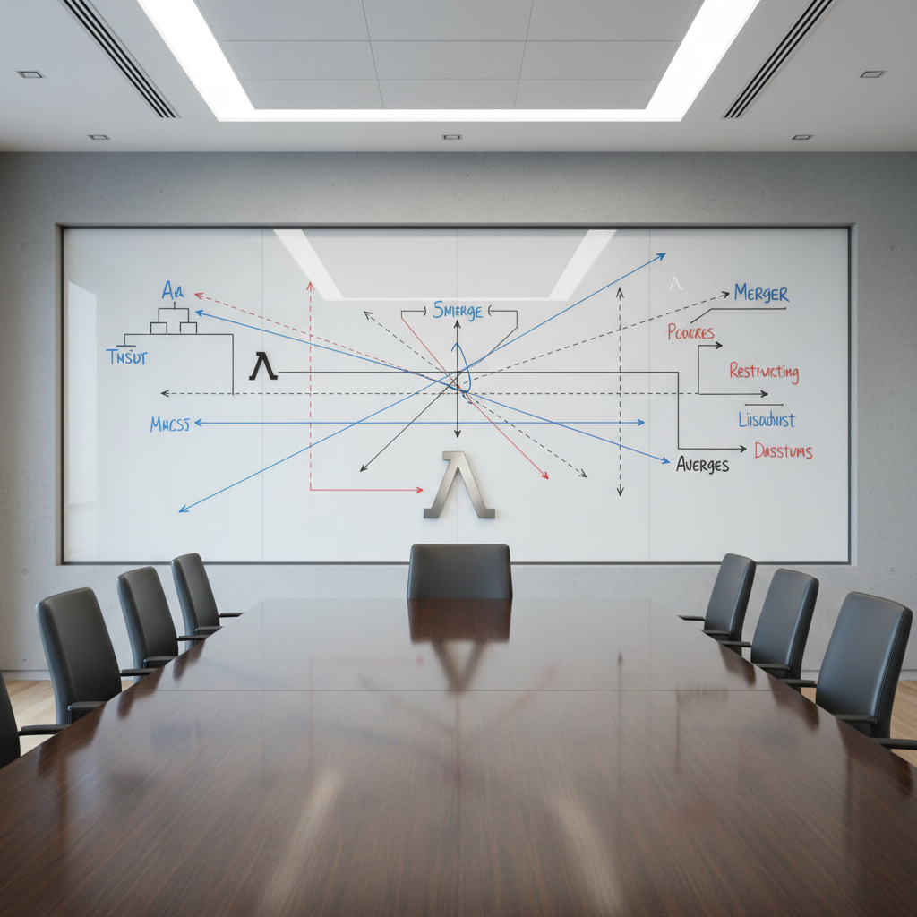 A minimalist corporate boardroom with glass whiteboard showing merger and restructuring diagrams, representing corporate tax reorganization intelligence.