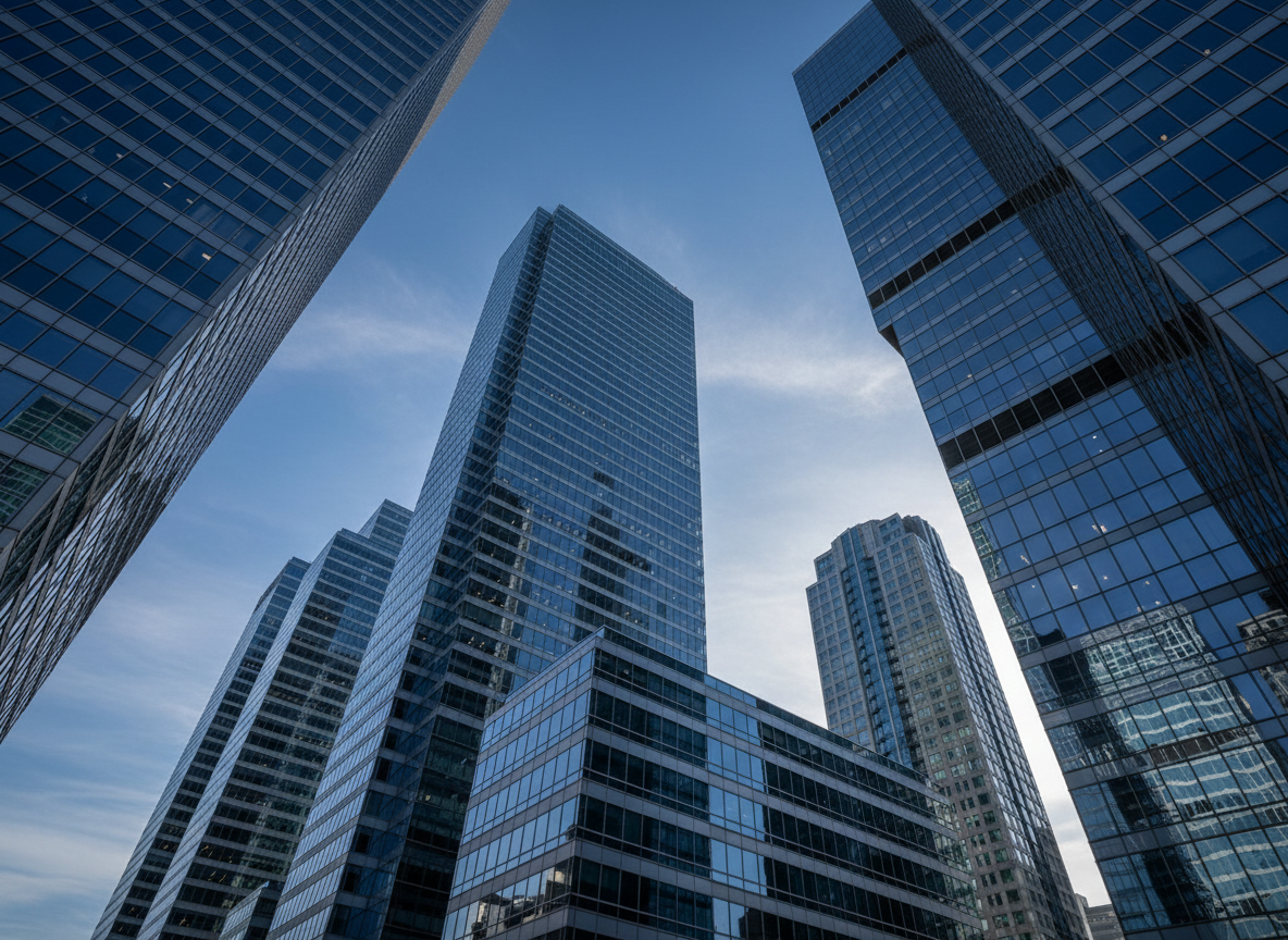 Professional corporate architecture photography of modern glass skyscrapers and office buildings in a financial district, similar to Ernst & Young or PwC advertising style. Dramatic upward angle, blue sky, sleek reflective glass facades, clean and prestigious atmosphere, high contrast professional lighting.