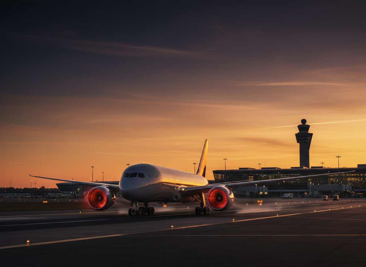 A commercial airplane taking off from a modern international airport runway at golden hour, dramatic sky with warm orange and deep blue tones, powerful jet engines with visible thrust, sleek fuselage reflecting sunlight, airport terminal and control tower softly visible in the background, cinematic wide angle shot, sharp professional photography style similar to Ernst & Young or PwC advertising campaigns, high contrast dark tones with golden highlights