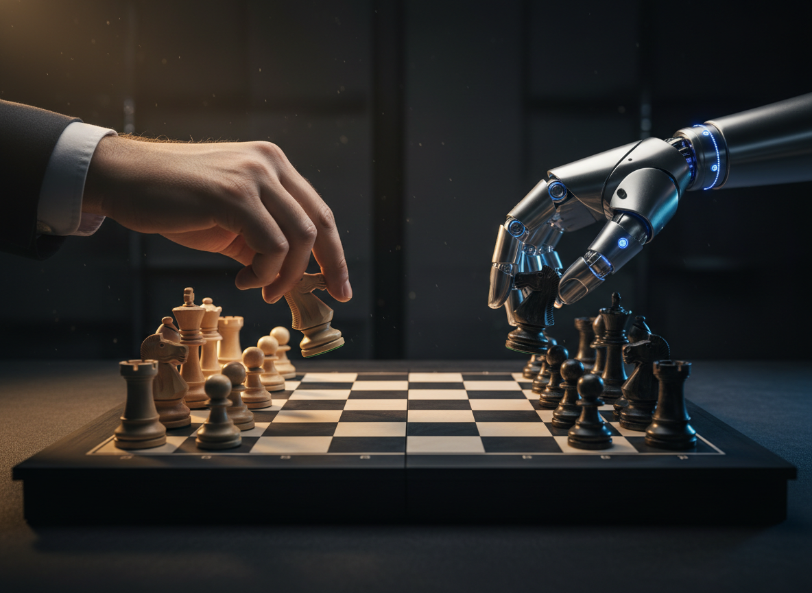 Mano humana y mano de robot jugando ajedrez